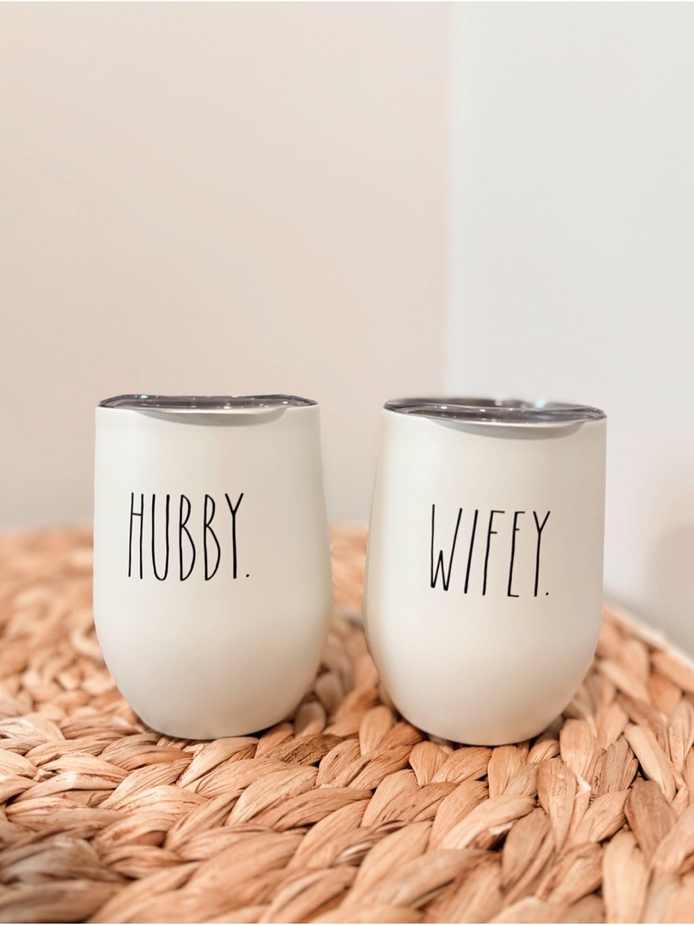 Rae Dunn Cream "Hubby" & "Wifey" Stemless Travel Tumblers - Set of 2